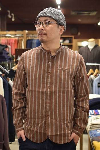 クッシュマン  LINEN STRIPE BAND COLLAR SHIRT　入荷です
