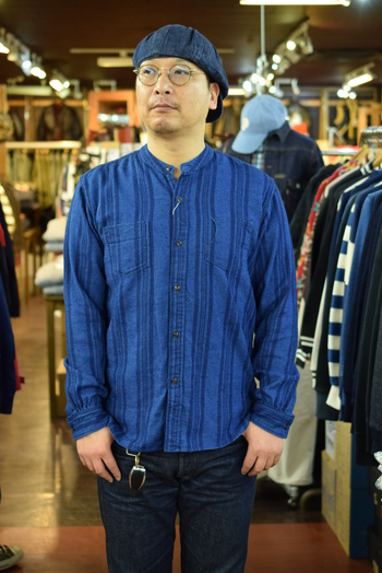 フェローズ　 BAND COLLAR SHIRT インディゴストライプジャガード